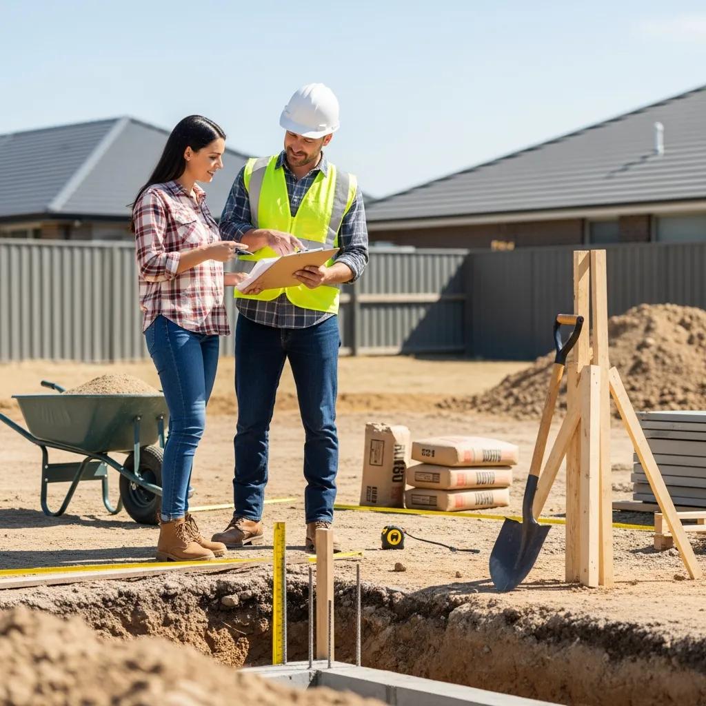 Contractor discussing concrete project details with homeowner at construction site, reviewing plans and estimates, surrounded by construction materials and tools.