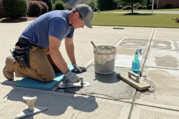 Contractor performing cement repair on a residential driveway in Greensboro, NC