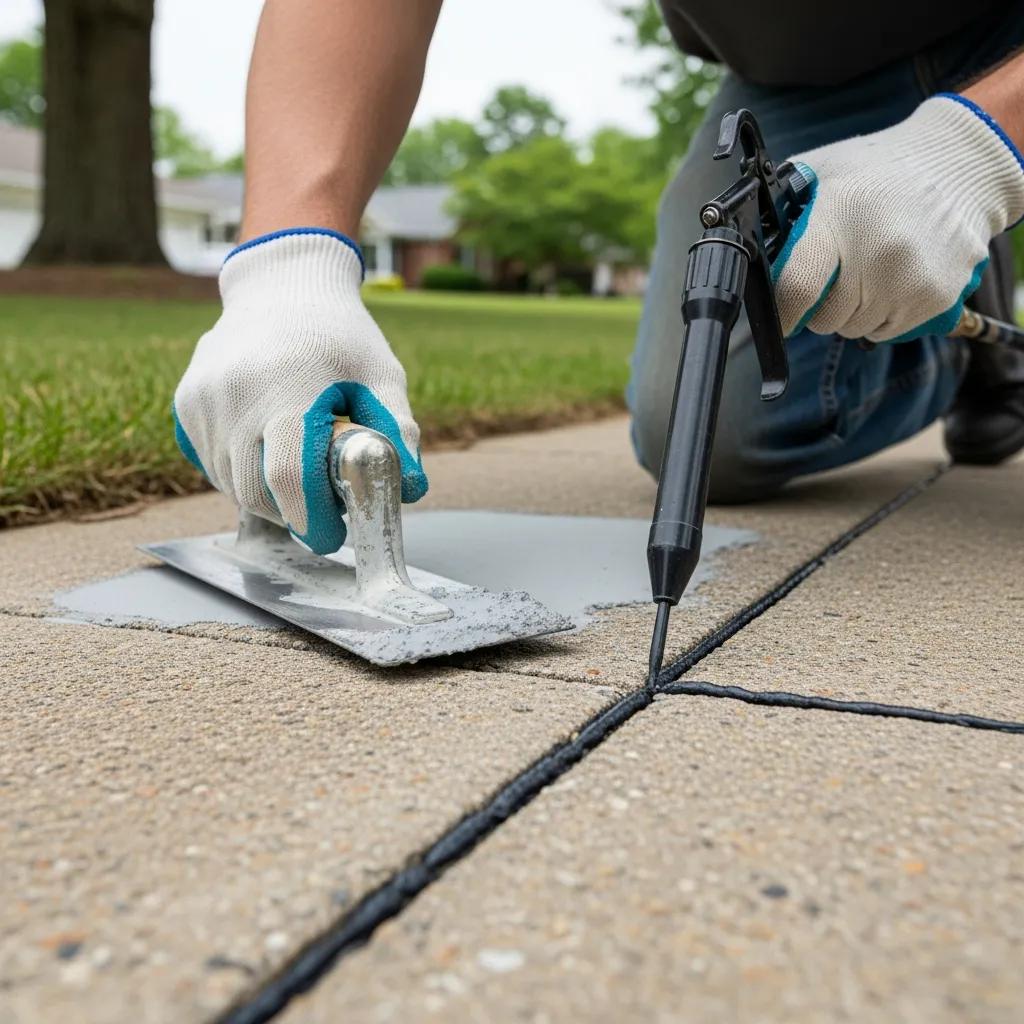 Contractor performing sidewalk repair techniques, including crack sealing and surface patching, in Greensboro, NC.