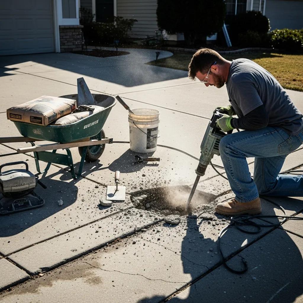 Contractor using a jackhammer to repair a pothole in a concrete driveway, surrounded by tools and materials including a wheelbarrow with concrete mix, a bucket, and a trowel.