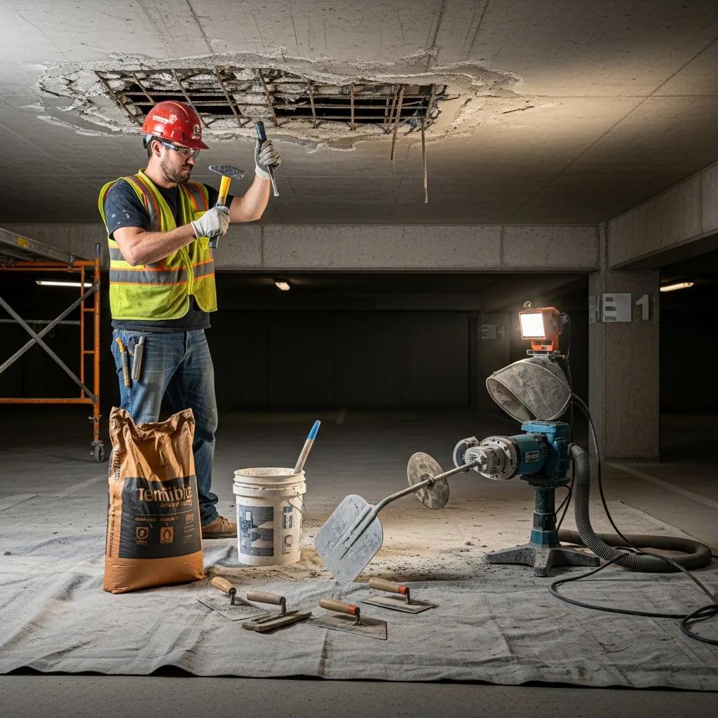 Contractor using specialized repair techniques on a concrete parking garage, highlighting tools and safety measures
