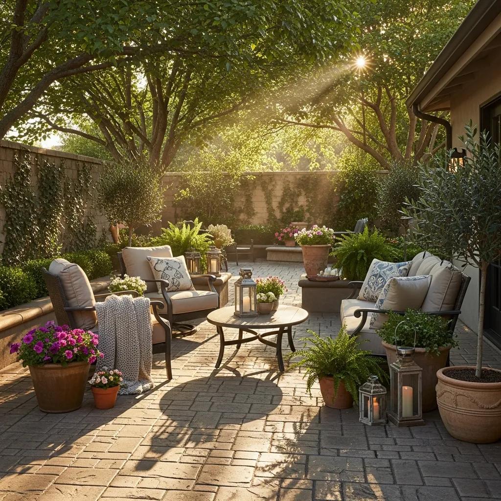 Cozy residential patio featuring cobblestone stamped concrete, inviting outdoor decor, potted plants, and comfortable seating, illuminated by warm sunlight.