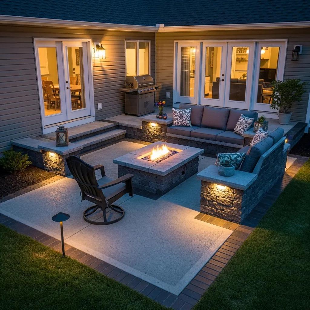Custom concrete patio design with built-in seating and fire pit, enhancing outdoor living