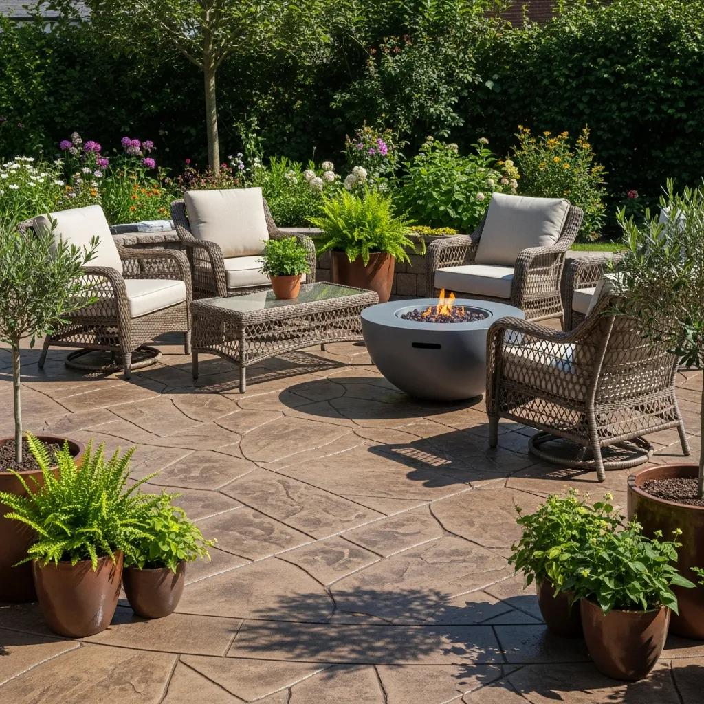 Decorative concrete patio installation with stamped finishes and outdoor furniture