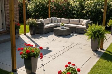 Decorative concrete patio with outdoor furniture and plants, showcasing durable flatwork