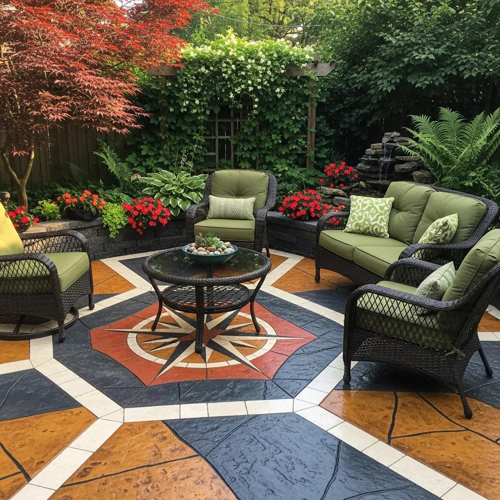 Decorative concrete patio with unique patterns and outdoor furniture in a backyard in Irving Park