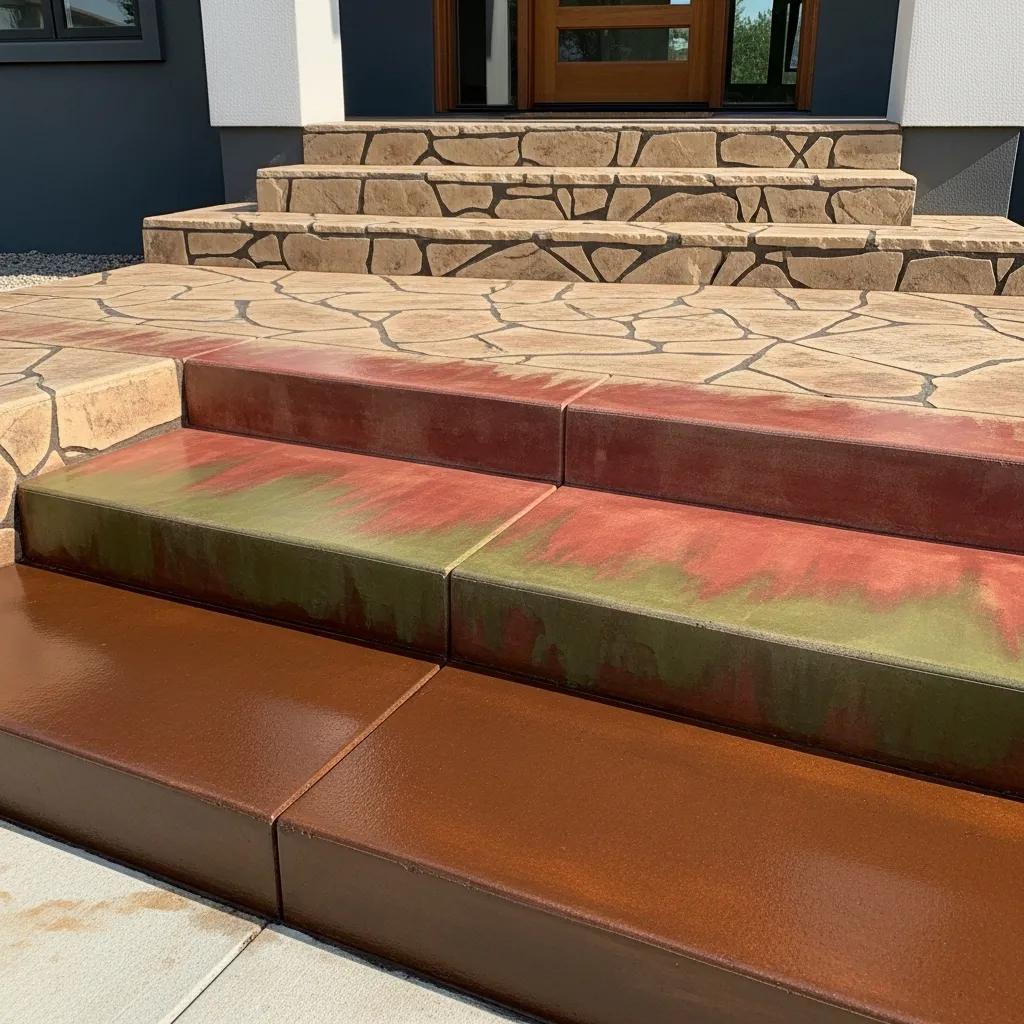 Decorative concrete steps featuring stamped stone patterns and stained finishes in earthy tones, enhancing residential entryways in the Guilford College area.
