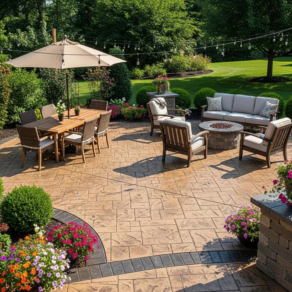 Decorative stamped concrete patio in a backyard, highlighting residential concrete services
