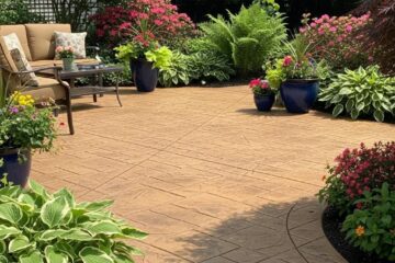 Decorative stamped concrete patio in Greensboro, NC, highlighting its aesthetic appeal and versatility