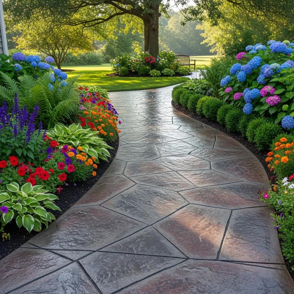 Decorative stamped concrete walkway enhancing property aesthetics in a landscaped yard