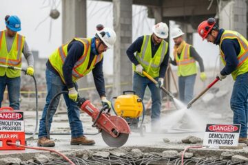 Demolition team using hydraulic tools and safety measures during concrete removal, with "Danger: Demolition in Progress" signs visible.