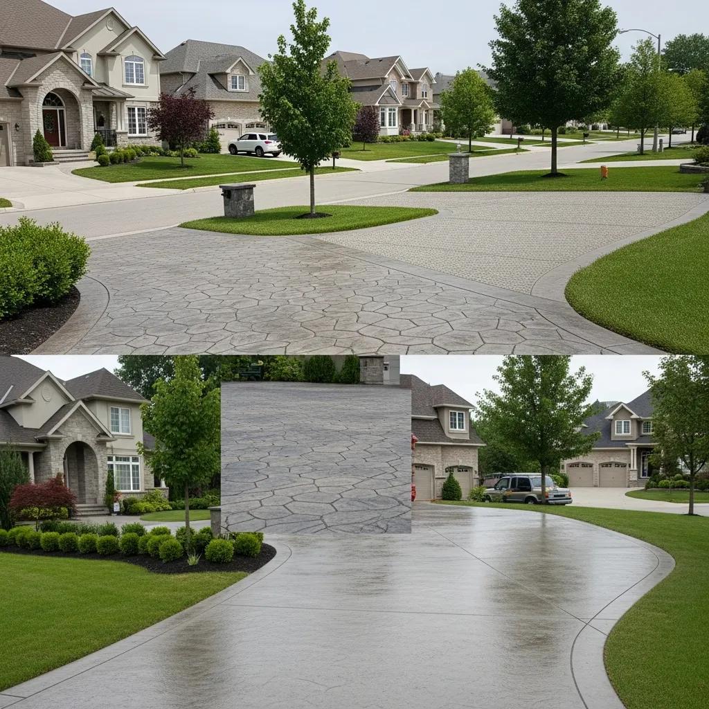 Decorative stamped concrete driveway with textured finish, showcasing aesthetic appeal and practical design in a residential neighborhood, enhancing curb appeal and functionality for homeowners in Hamilton Lakes.