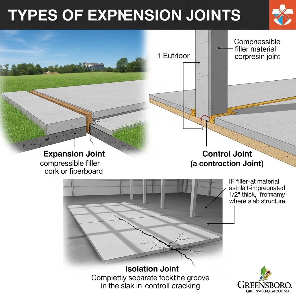 Different types of concrete expansion joints with visual distinctions, suitable for Greensboro applications