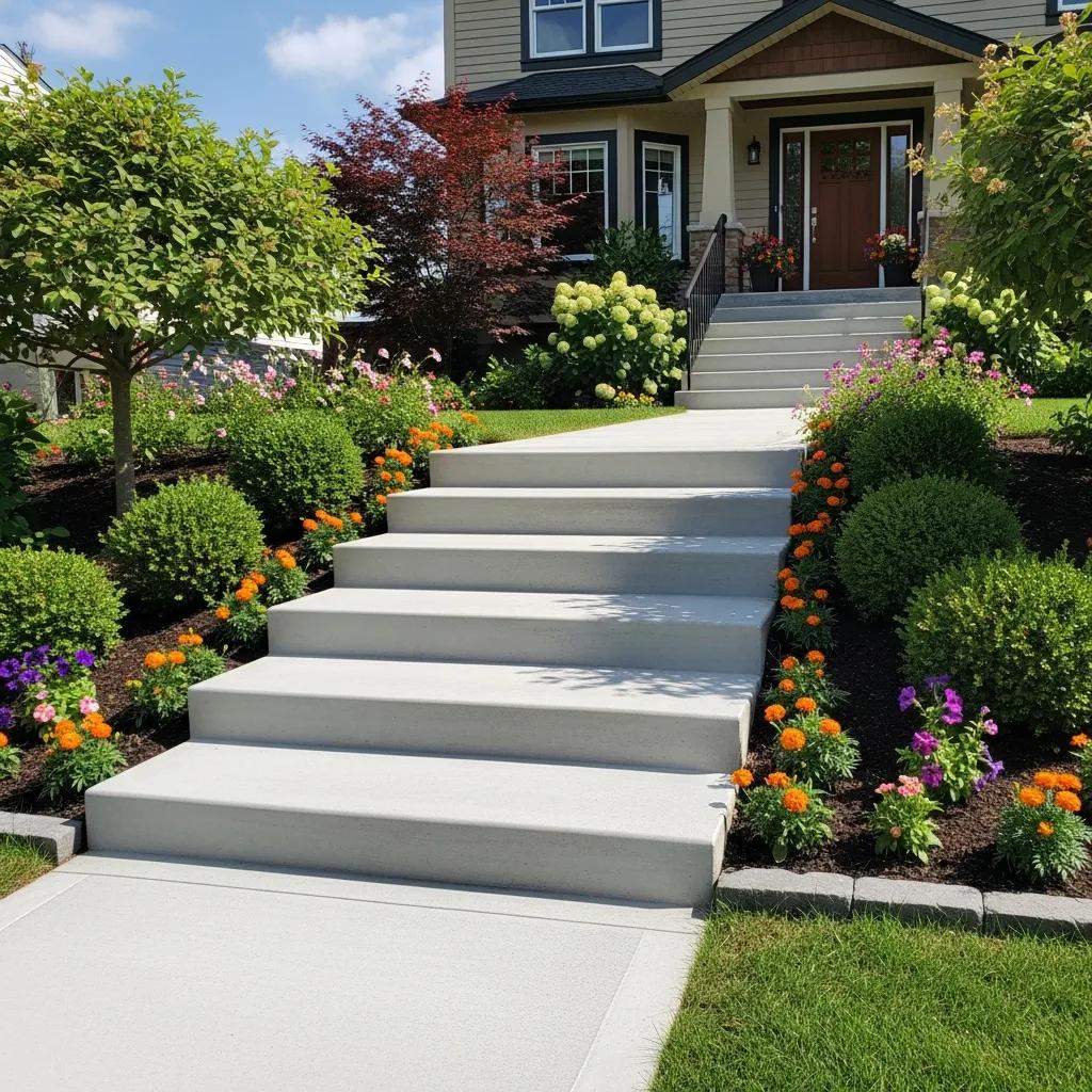 Durable concrete steps leading to a residential entryway, surrounded by colorful flowers and well-maintained landscaping in the Guilford College area of Greensboro, NC.