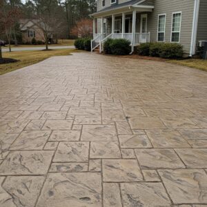Decorative stamped concrete driveway enhancing curb appeal of a residential property, showcasing texture and design for aesthetic value.