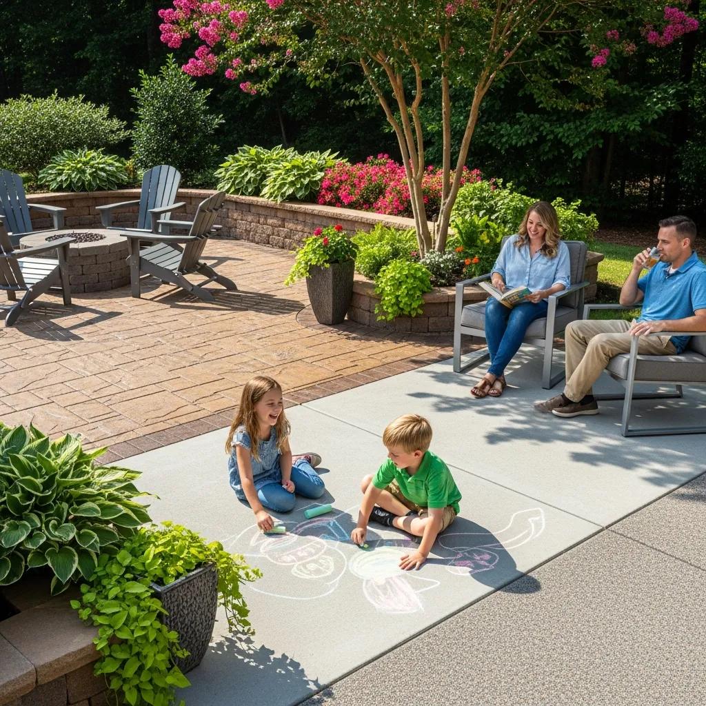 Family enjoying a durable concrete patio in Greensboro, highlighting the benefits of concrete paving