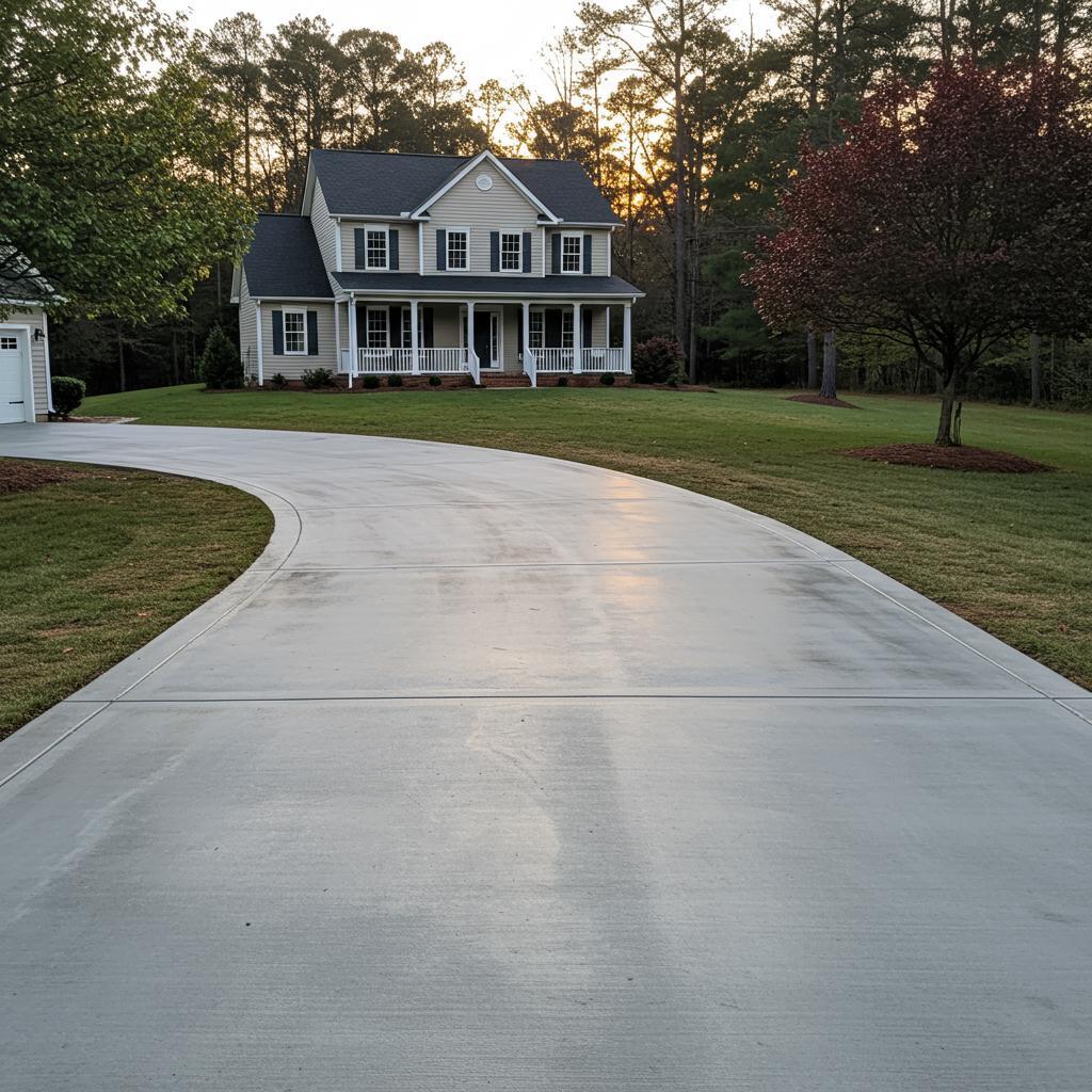 Newly poured concrete driveway leading to a two-story home in Whitsett, NC, surrounded by lush greenery and trees, showcasing quality concrete work by Greensboro Concrete Services.