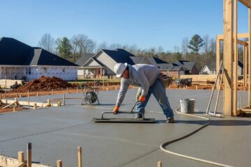 Freshly poured concrete slab installation in Greensboro, NC, highlighting construction work and tools