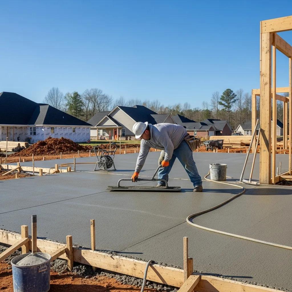 Construction worker leveling freshly poured concrete slab in residential building site in Greensboro, NC, showcasing foundation installation process.