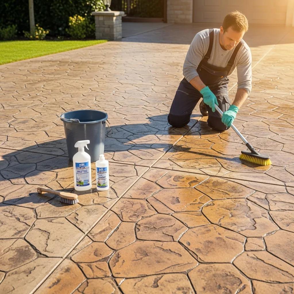 Homeowner cleaning a stamped concrete driveway with pH-neutral cleaner