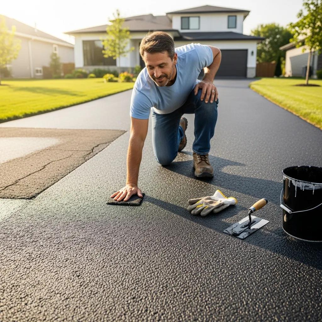 Homeowner inspecting benefits of concrete driveway resurfacing with tools and materials