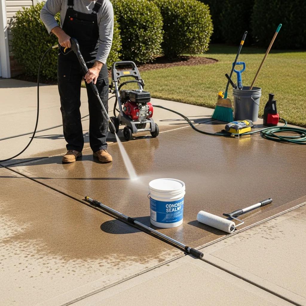 Homeowner performing maintenance on a concrete driveway, showcasing effective upkeep techniques