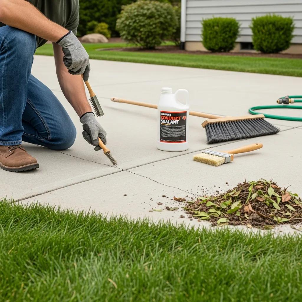 Homeowner performing maintenance on a concrete RV pad, inspecting for cracks and cleaning the surface