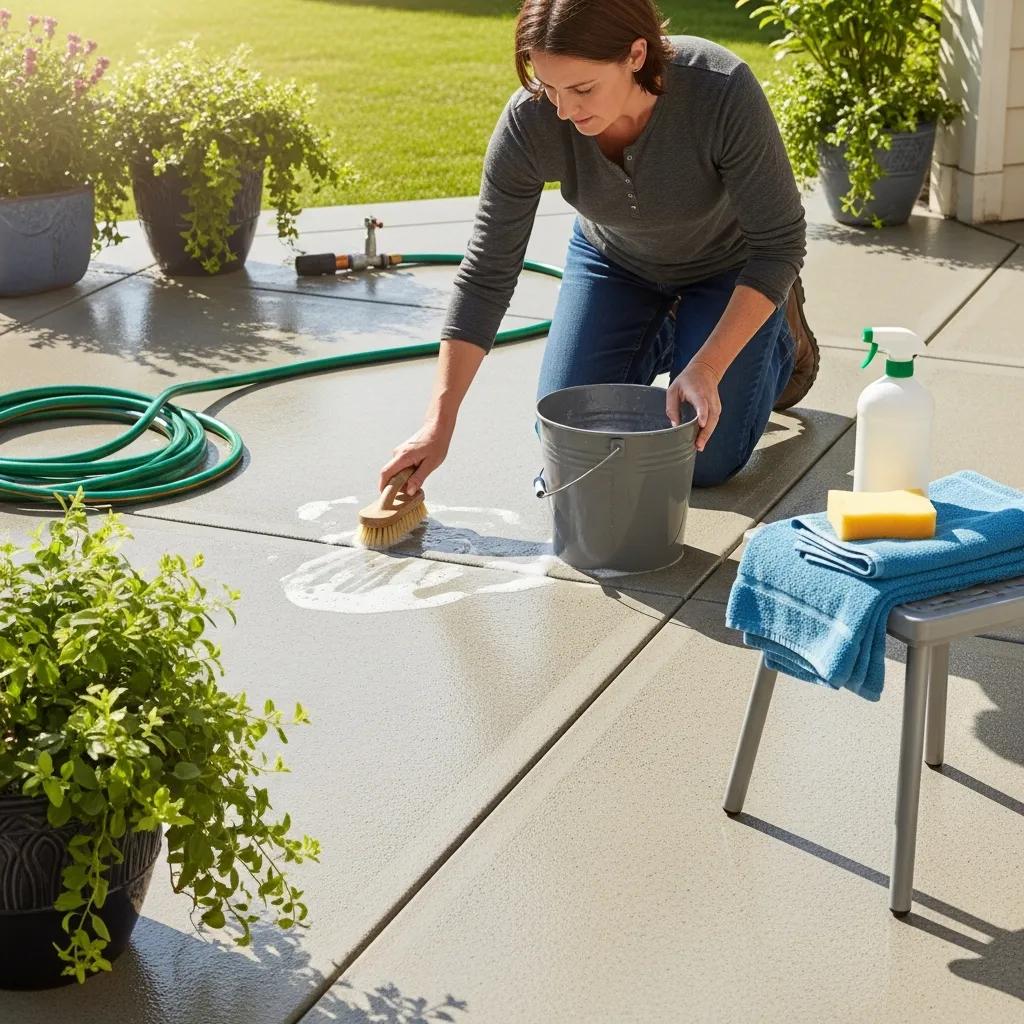 Homeowner performing maintenance on a resurfaced concrete patio, emphasizing care and upkeep