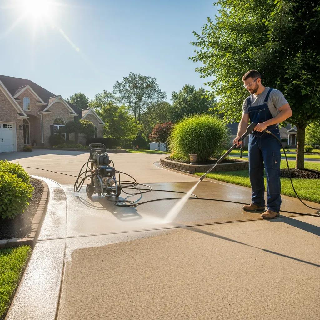 Homeowner power washing a concrete driveway as part of routine maintenance in a residential setting, showcasing equipment and clear skies.