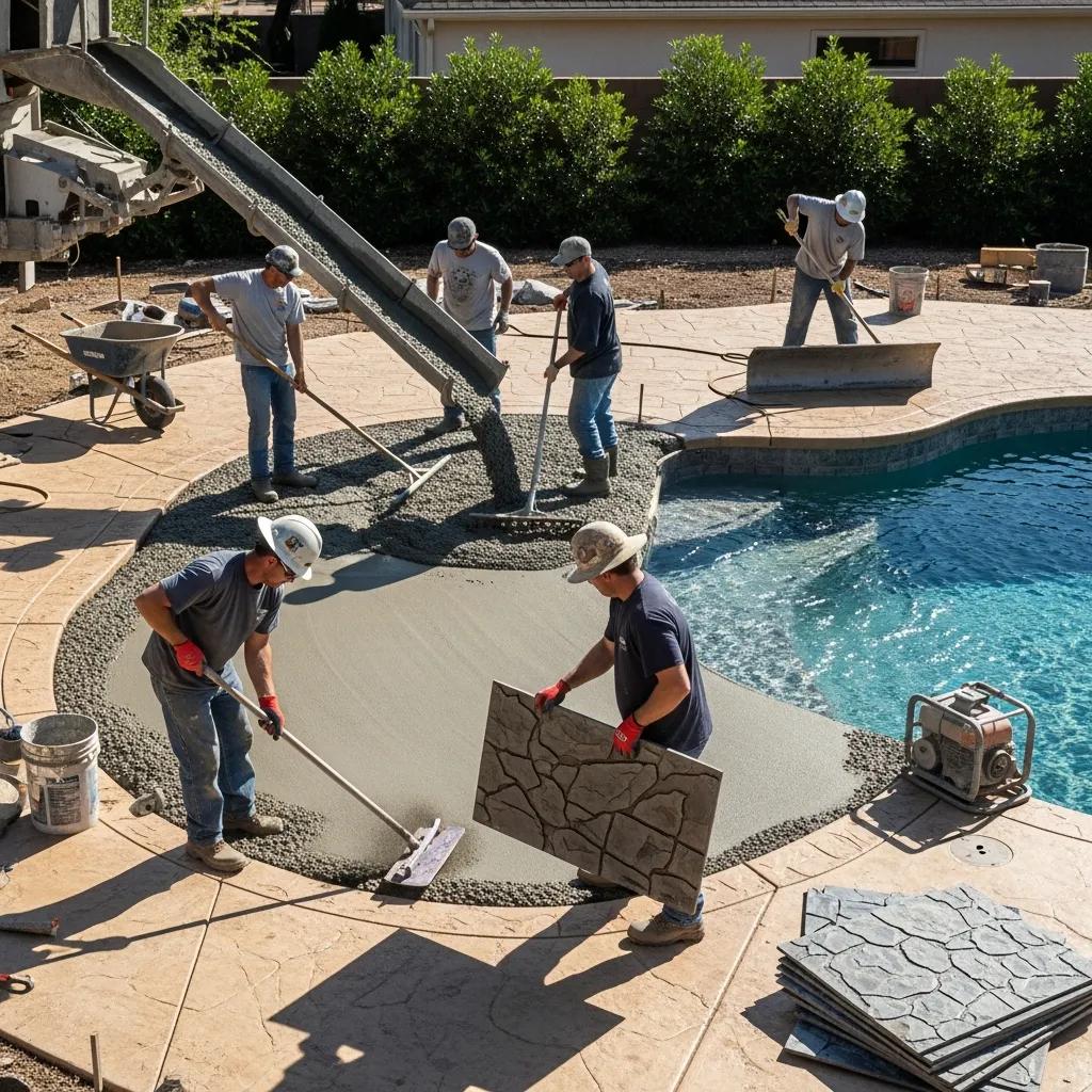 Installation process of stamped concrete pool deck with workers pouring and stamping concrete
