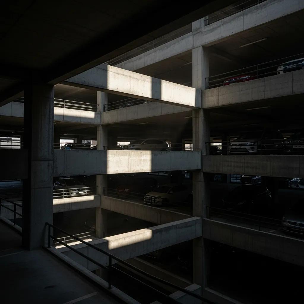 Interior view of a multi-level parking garage, showcasing structural elements and parked vehicles