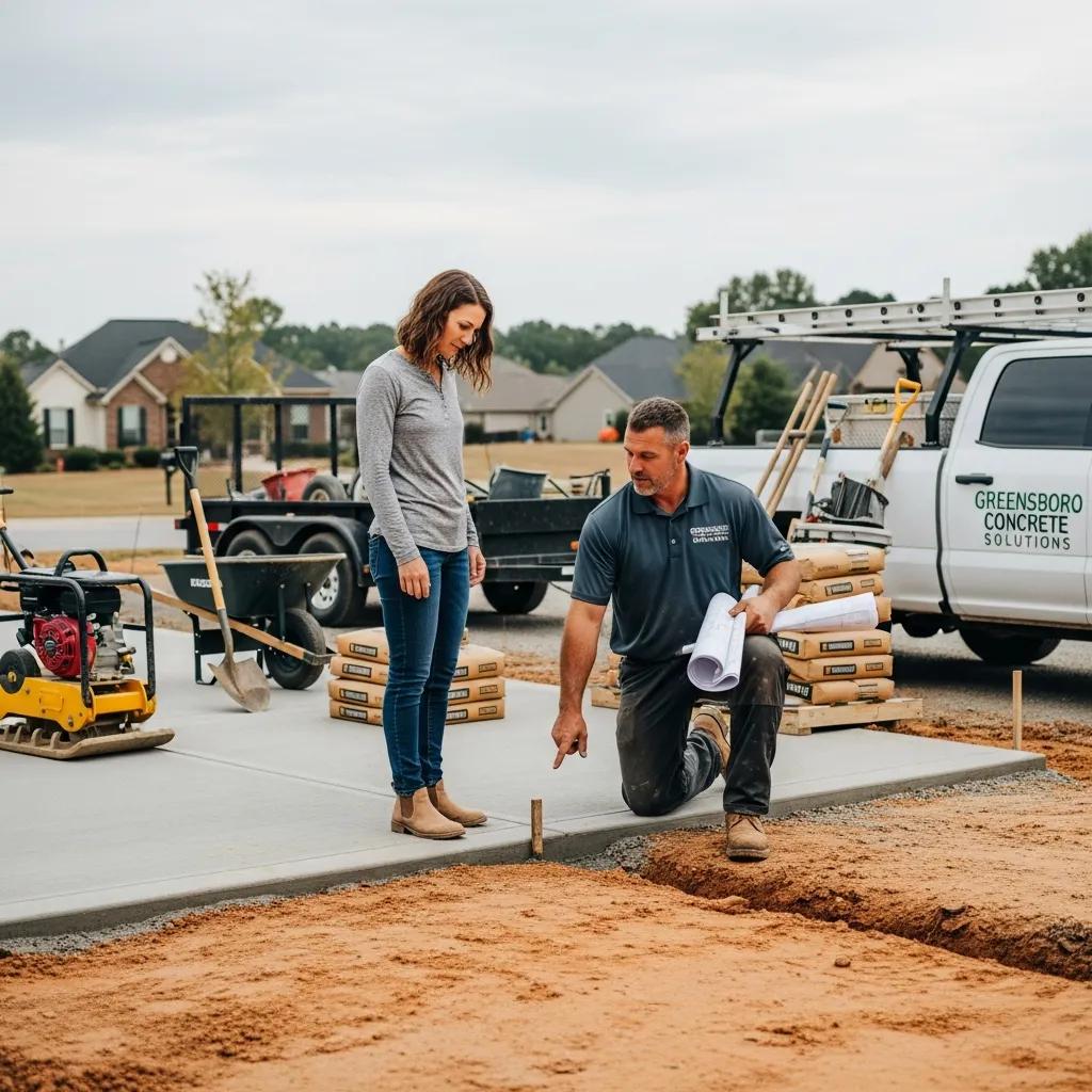 Local concrete contractor discussing driveway installation with a homeowner in Greensboro, NC