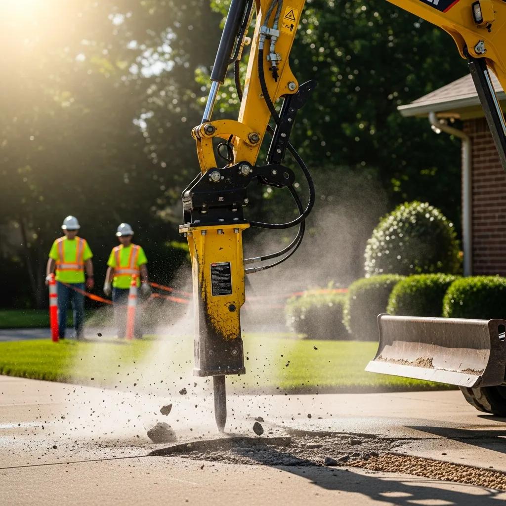 Mini-excavator breaking up a residential concrete driveway in Greensboro, NC