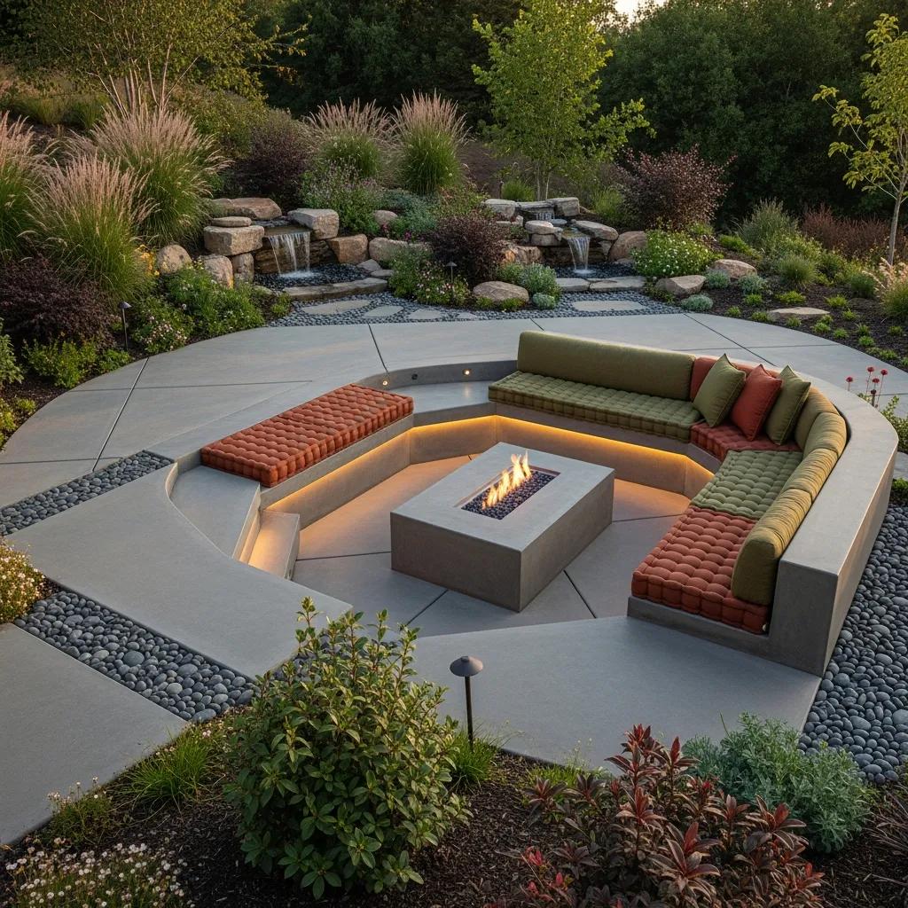 Modern concrete patio design with fire pit and natural landscaping