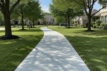 Newly installed concrete sidewalk in a residential neighborhood with green grass and trees
