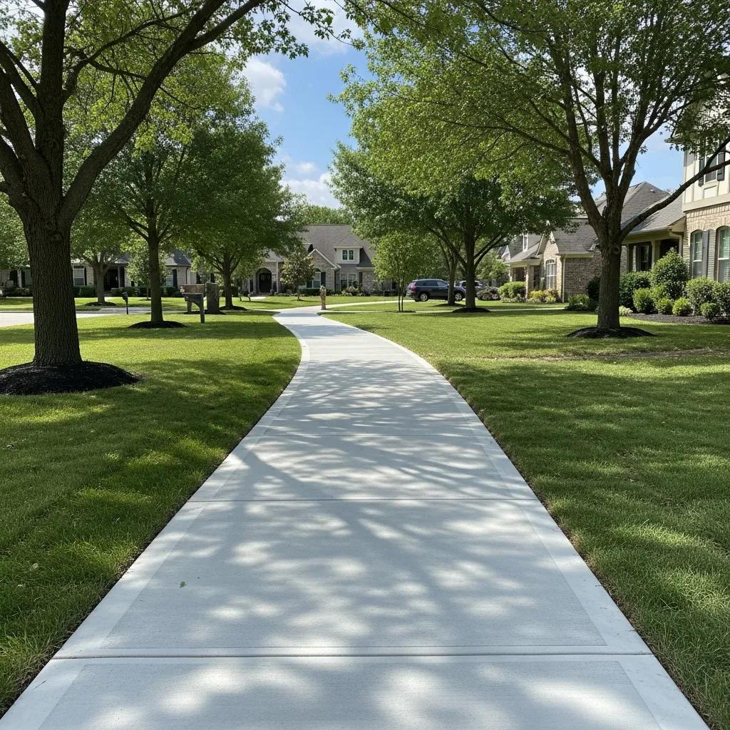 Newly installed concrete sidewalk winding through a residential neighborhood in Starmount Forest, Greensboro, NC, surrounded by green grass and mature trees.