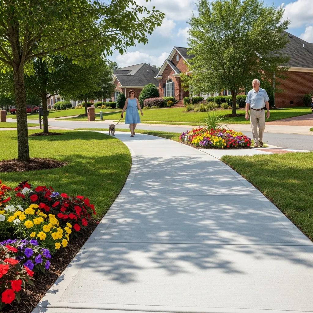 Newly installed concrete sidewalk in New Garden, Greensboro, NC, with pedestrians walking, surrounded by colorful flowerbeds and residential homes.