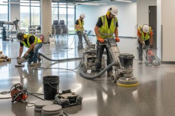 Polished concrete floor in a commercial space with workers using polishing equipment