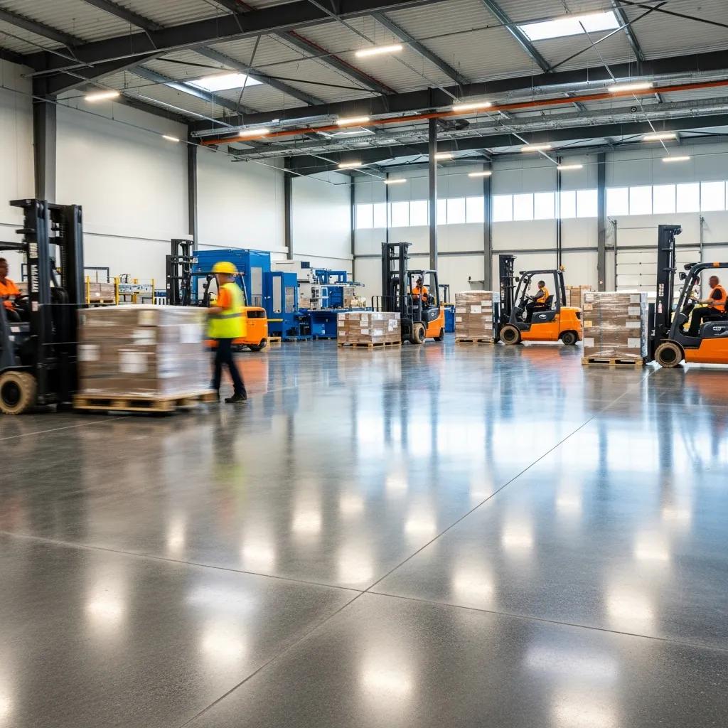 Polished concrete flooring in an industrial facility with forklifts and workers efficiently handling pallets, showcasing high load capacity and operational efficiency.