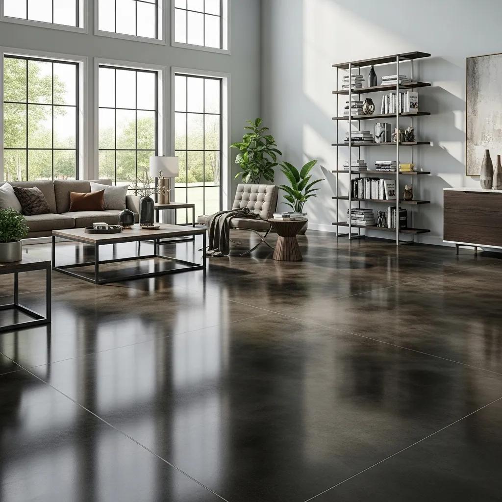Polished stained concrete floor in a modern interior, showcasing a marbled effect and stylish decor