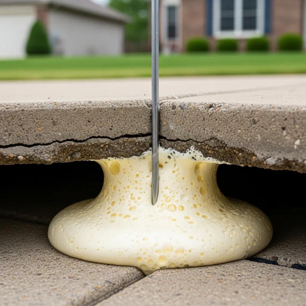 Polyurethane foam injection process for concrete leveling, demonstrating modern techniques in a residential driveway