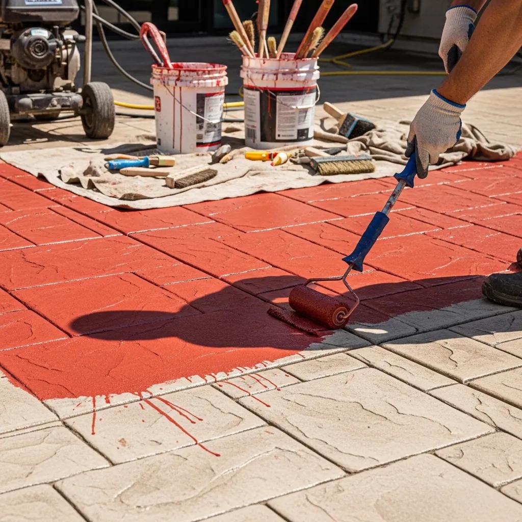 Professional applying color restoration treatment to stamped concrete, showcasing vibrant colors and tools