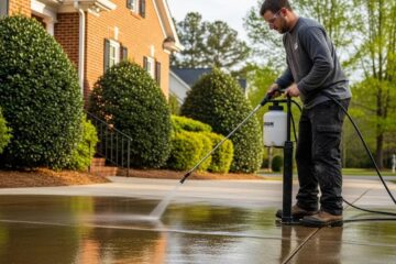 Professional applying concrete sealer to a driveway in Greensboro, NC, highlighting the importance of durable concrete protection
