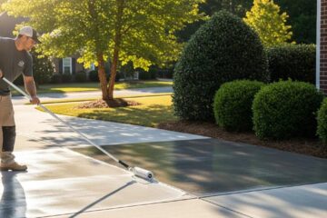 Professional applying concrete sealer to a driveway in Greensboro, NC, highlighting the sealing process and local environment