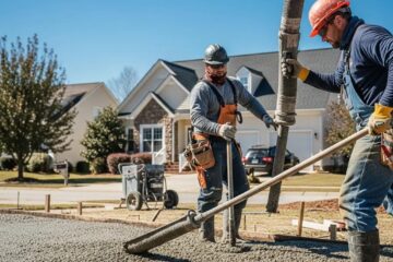 Professional concrete contractor pouring concrete for a driveway in Greensboro, NC