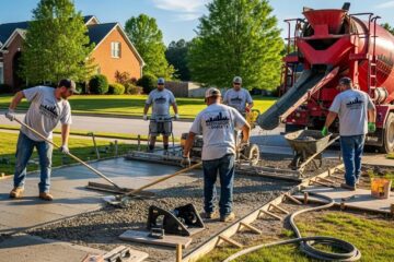 Professional concrete contractor team pouring concrete in Greensboro NC