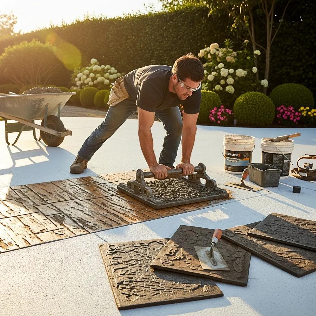 Professional contractor installing stamped concrete, highlighting the use of stamping mats and color hardeners