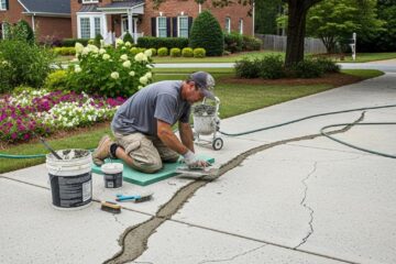 Professional contractor repairing concrete driveway in Greensboro, NC