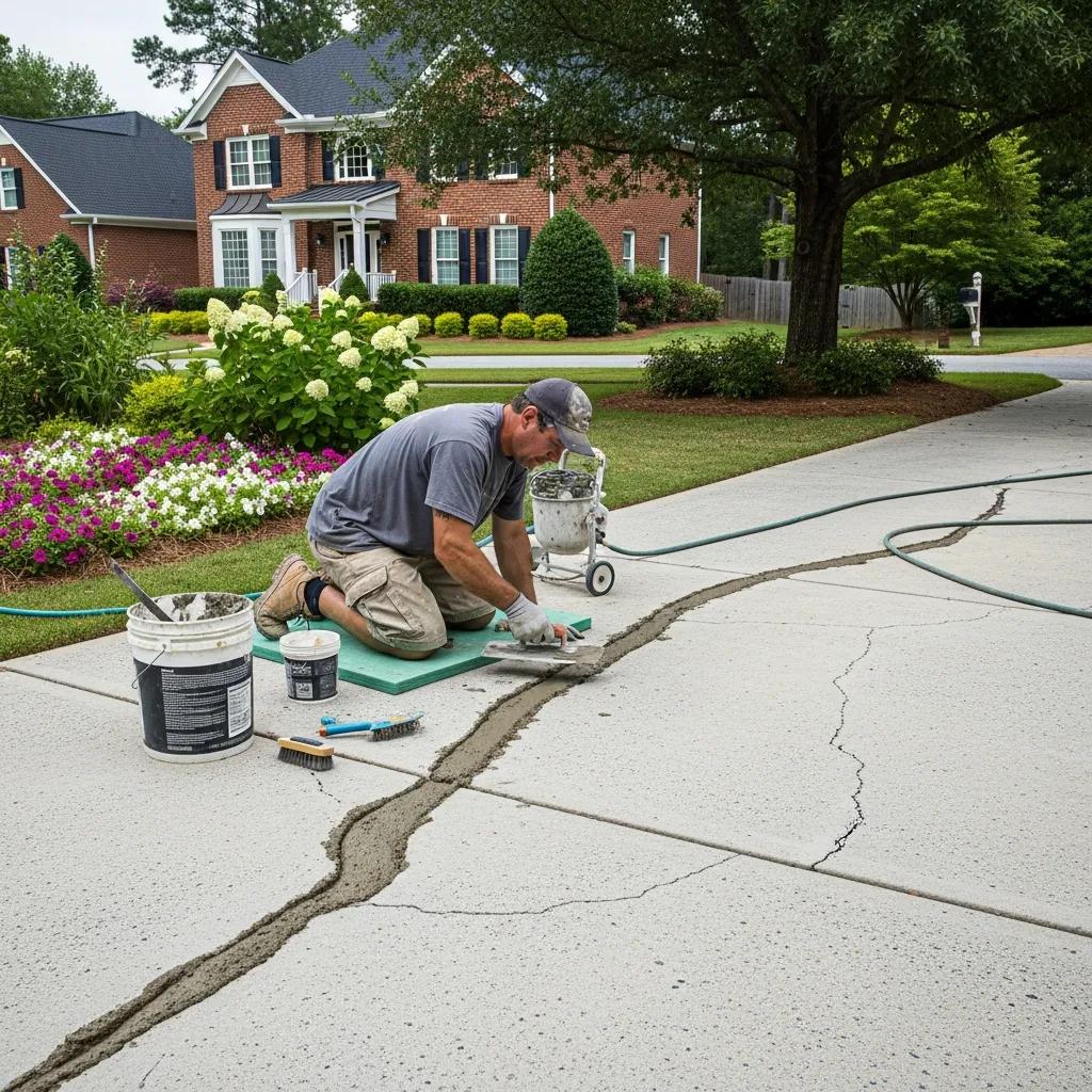 Professional contractor repairing cracked concrete driveway in Greensboro, NC, using tools and materials for effective restoration.