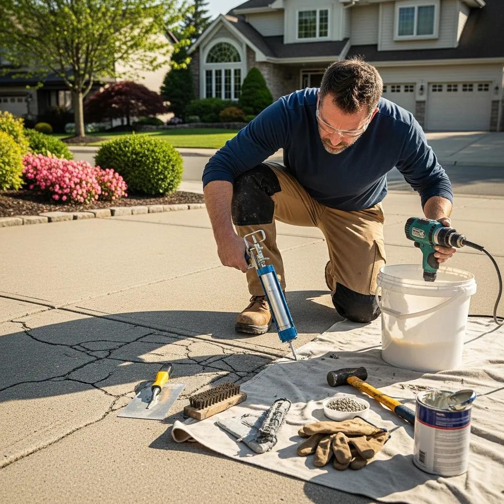 Professional contractor repairing cracks in a residential concrete driveway